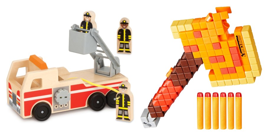 wooden firetruck toy and dart blaster
