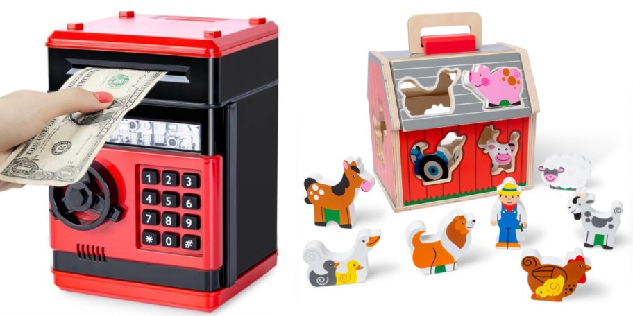hand putting money into piggy bank and wooden barn toy
