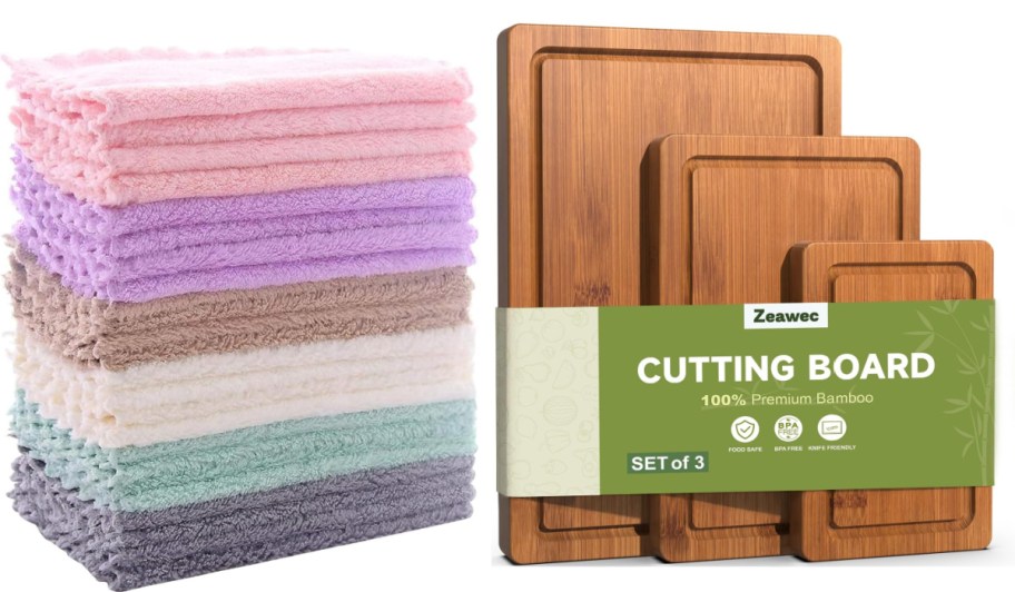 dish cloths in stack and bamboo cutting boards