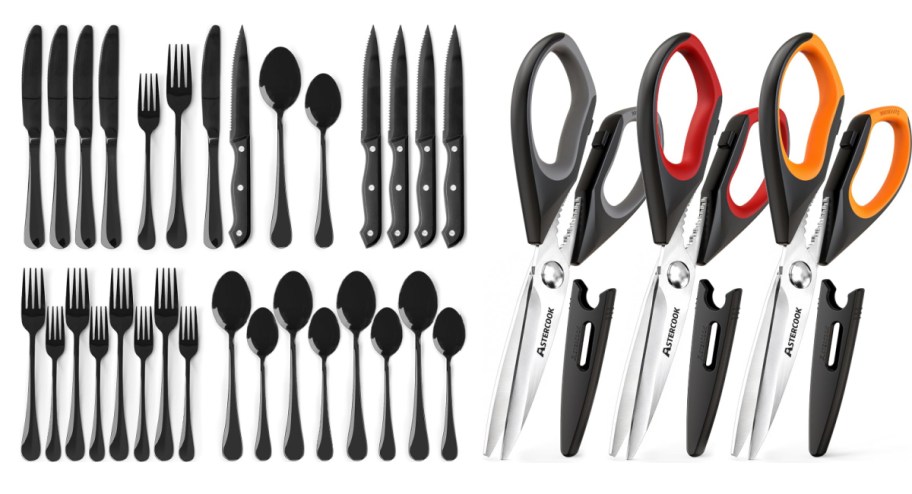 black silverware and colorful knives