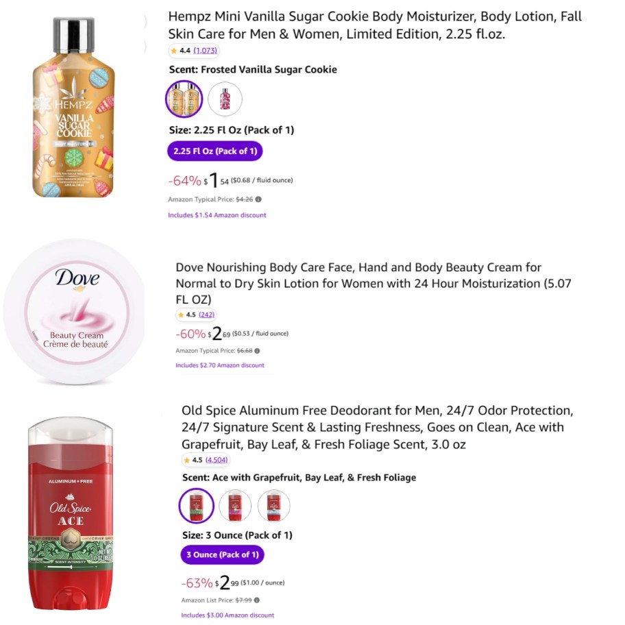 a screenshot of personal care items and the pricing details from Amazon Haul
