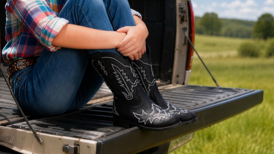 little girls feet in black western boots