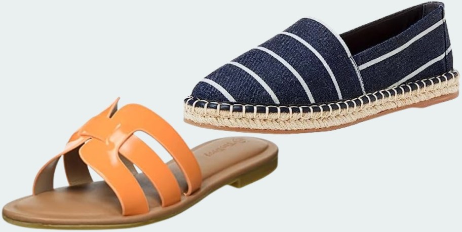 womens orange slide sandal and striped denim espadrille
