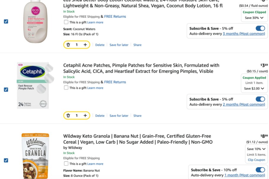 screenshot of lotion, pimple patches, and granola order
