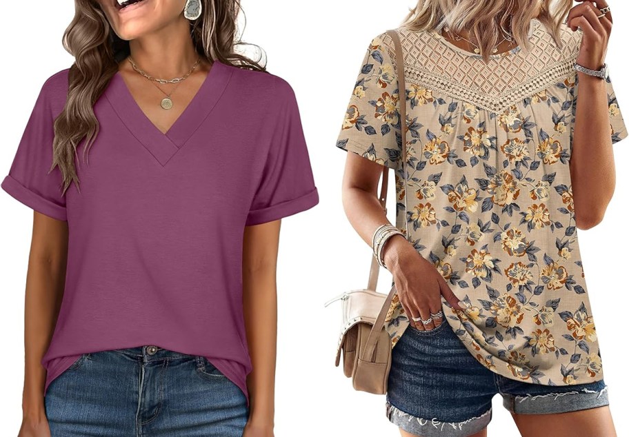 women wearing purple and floral tops 