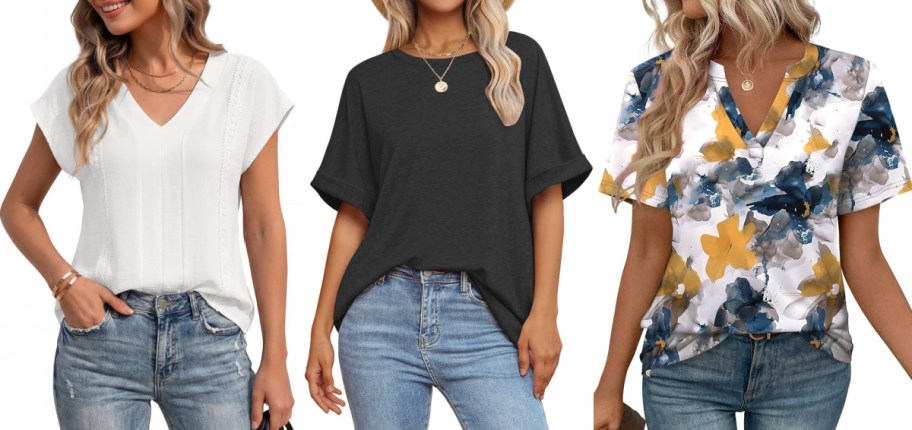 Three women standing side-by-side against a white background, each wearing blue jeans and a different short-sleeve top: a white V-neck blouse, a loose black t-shirt, and a white V-neck top with a blue and yellow floral pattern.