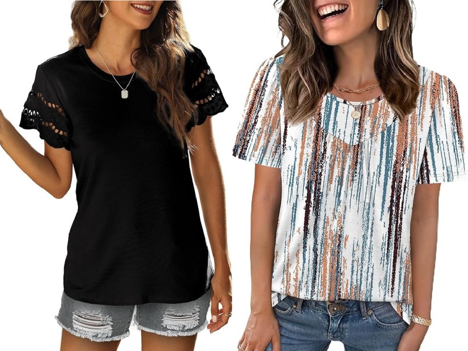 Two women side-by-side against a white background modeling casual outfits: one wearing a black top with lace-detailed sleeves and distressed grey denim shorts, and the other wearing a white top with abstract vertical stripes and blue jeans.