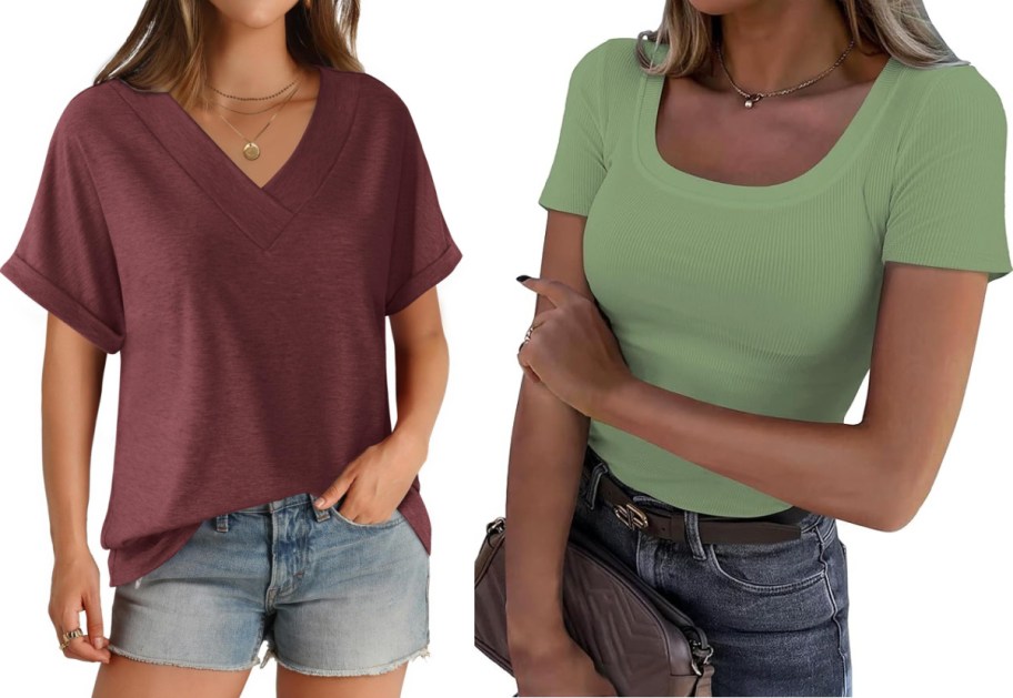 Two women side-by-side modeling casual outfits against a white background: one wearing a loose burgundy V-neck t-shirt with denim shorts, and the other wearing a fitted green ribbed short-sleeve top with dark jeans.
