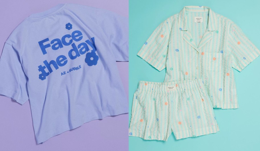 light blue shirt and teal checkered pajama shirt and shorts