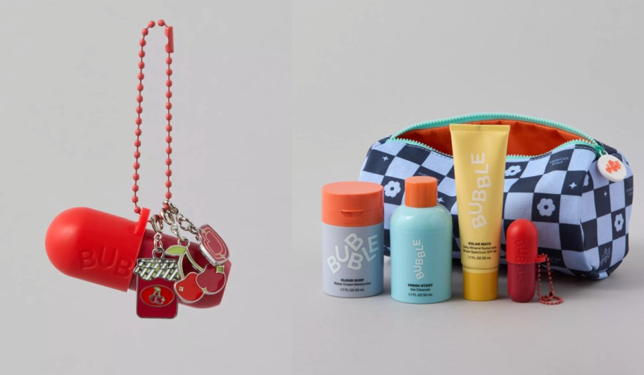 cherry lip balm and four skincare items in front of bag