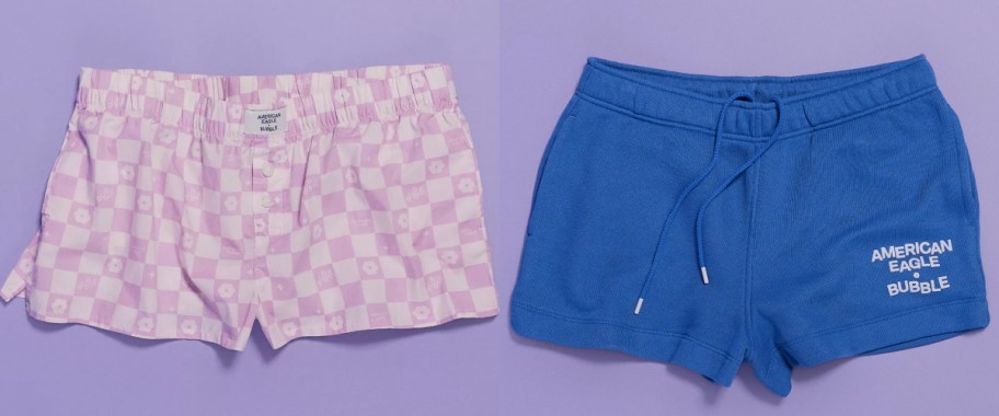 purple checkered shorts and blue shorts