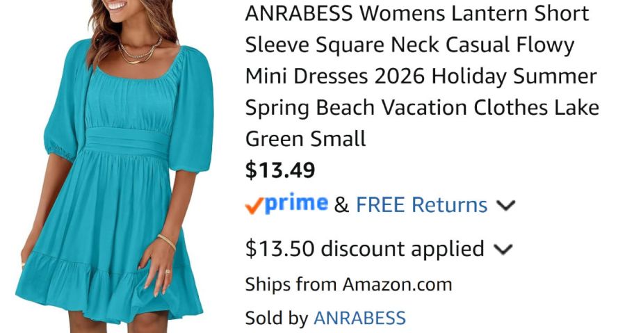 woman wearing teal dress next to Amazon pricing information