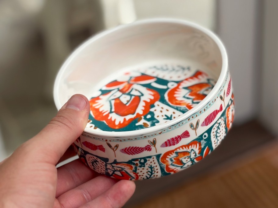 hand holding colorful dog bowl 