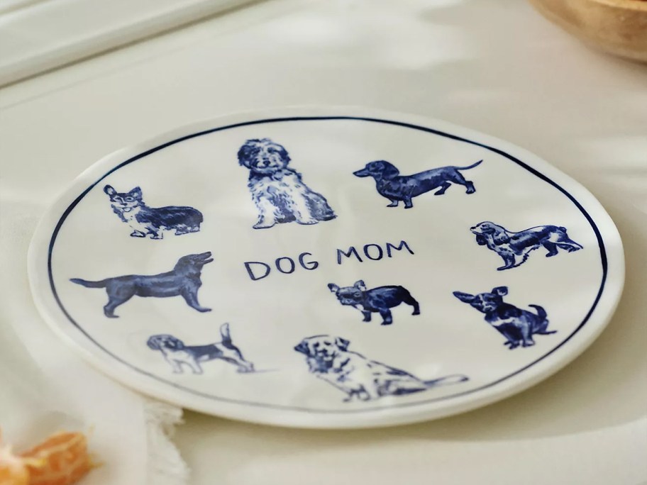 white and blue dog mom plates 