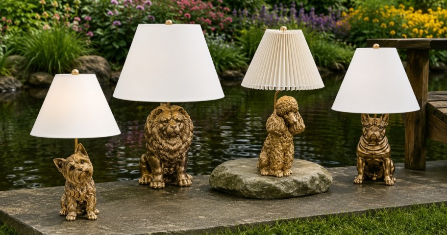 four variations of the icon dog table lamp arranged outdoors by a lake
