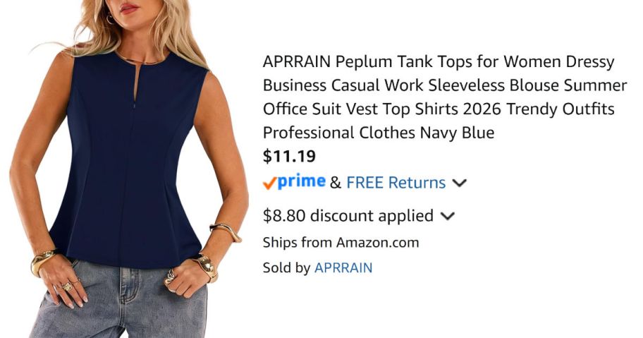 woman wearing navy shirt next to Amazon pricing information