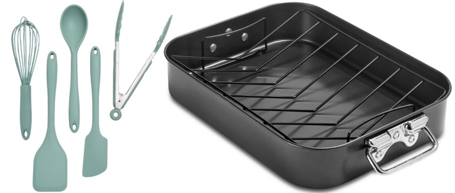 silicone utensil set and carbin steel roasting pan with rack