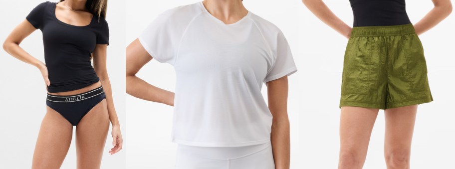 Three people modeling athletic clothing side-by-side against a white background: one wearing a black short-sleeve top and black underwear on the left, one wearing a white short-sleeve top in the middle, and one wearing a black top and olive green shorts on the right.
