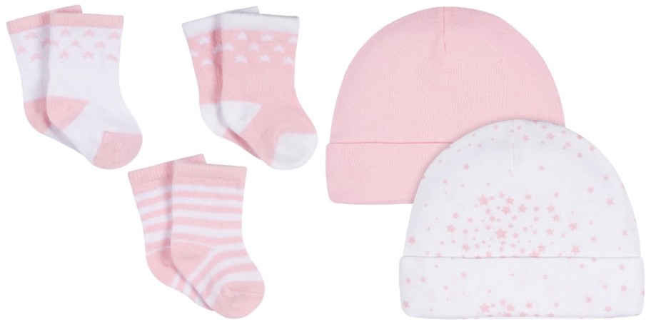 3 pack baby socks and 3 pack baby caps