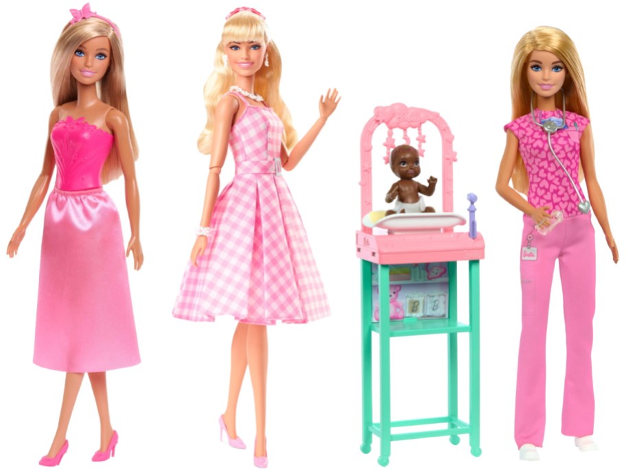 Three blonde Barbie dolls against a white background: one wearing a bright pink outfit, one wearing a pink and white gingham dress, and one wearing pink medical scrubs standing next to a baby doll on a changing table.
