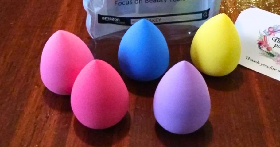 five colorful makeup sponges