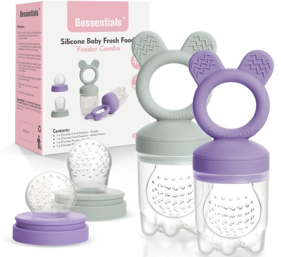 a 2 pack of silicone fresh fruit baby feeders