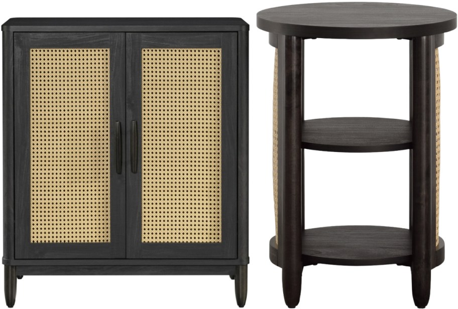 A dark wood cabinet with woven cane panel doors next to a matching dark wood three-tier round side table.