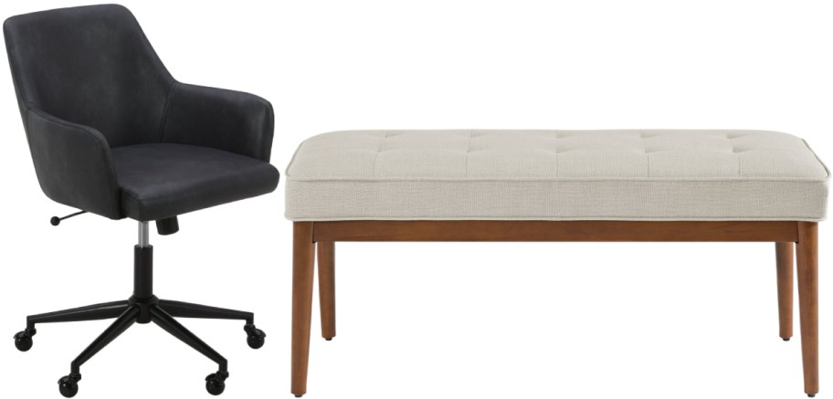 A black upholstered office chair on wheels next to a light beige tufted bench with wooden legs against a white background.