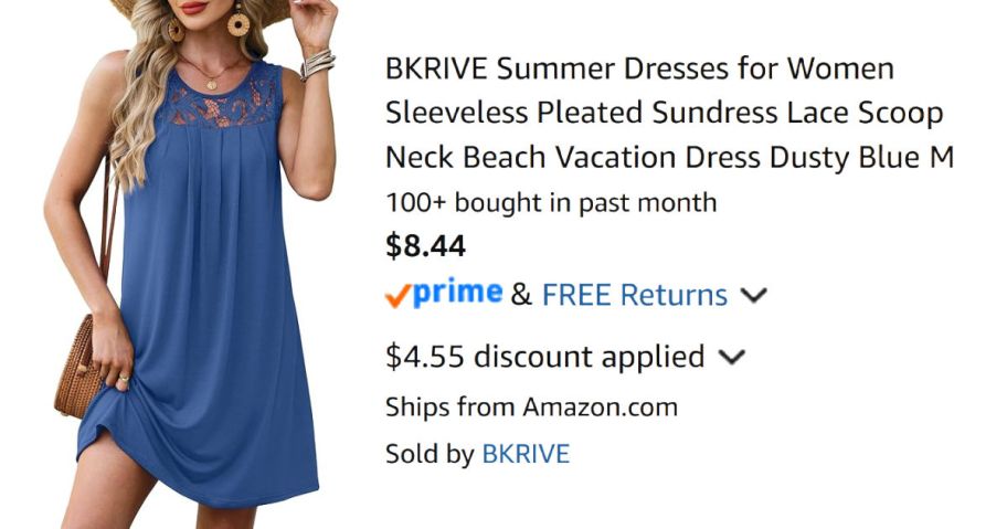 woman wearing blue dress next to Amazon pricing information