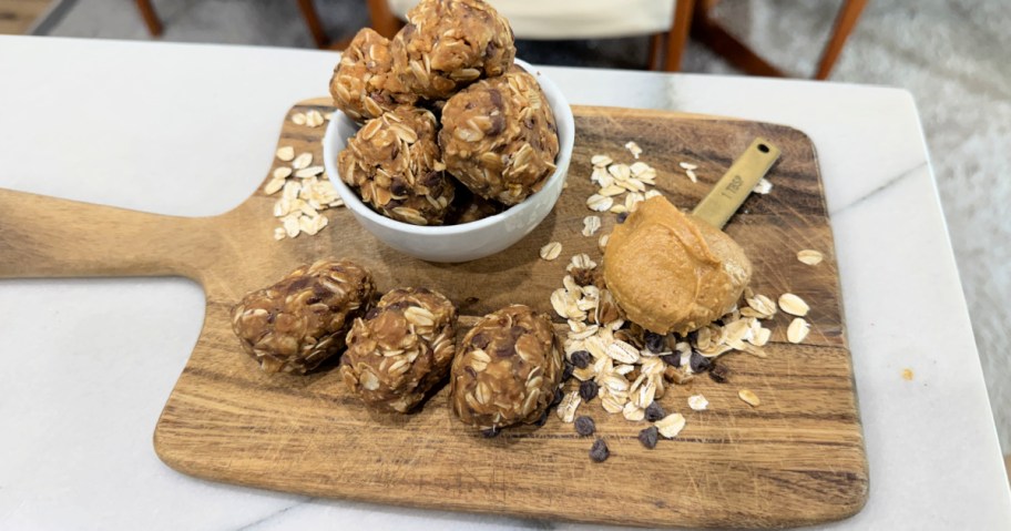board with peanut butter protein balls