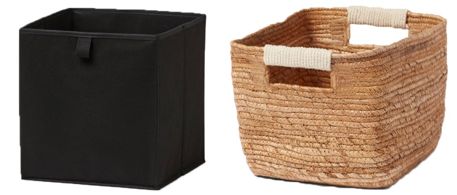 black and woven storage bins 
