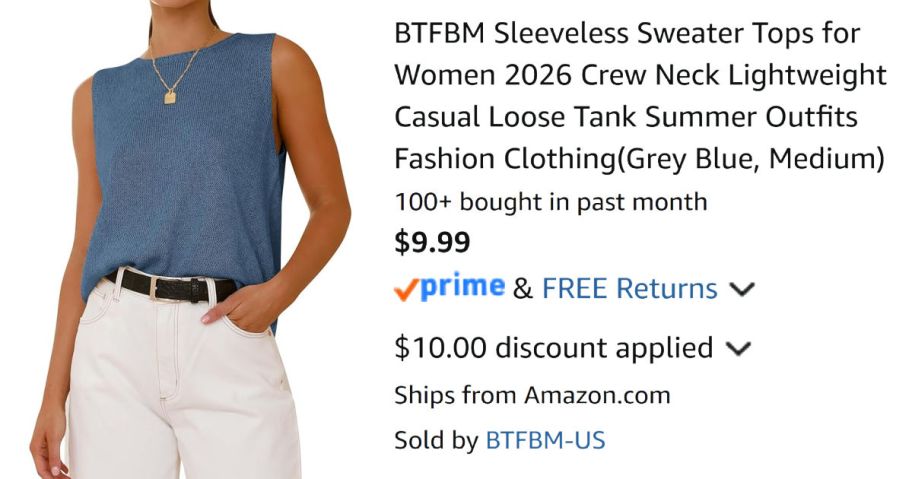 woman wearing blue shirt next to Amazon pricing information