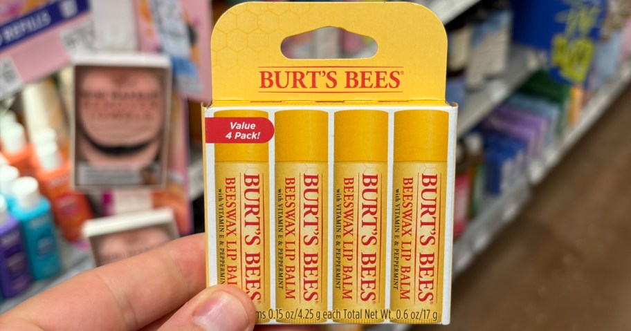 Burt's Bees Beeswax Lip Balm 4 Pack Box.