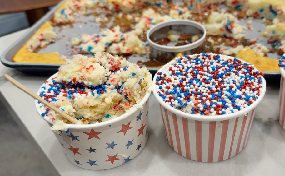 dot cake cups with supplies behind it 