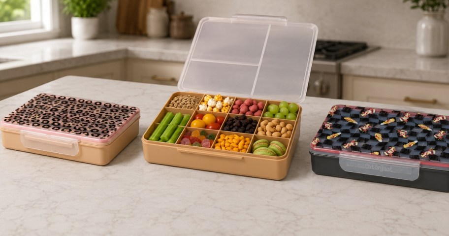 3 kids snackle boxes on a counter, one open with food