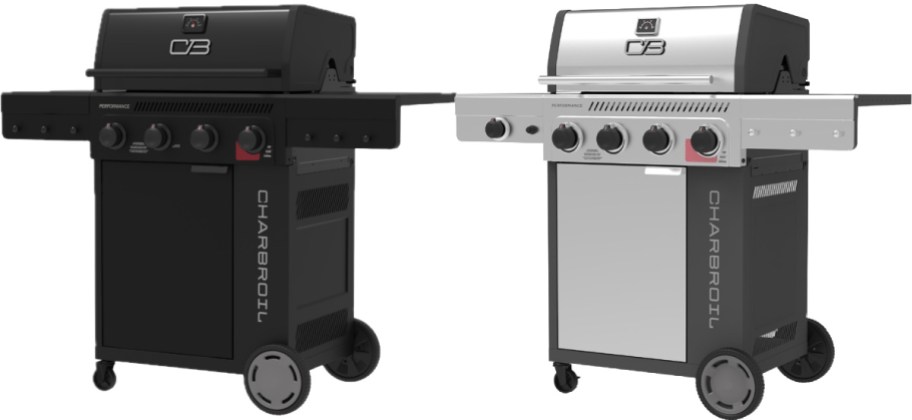Two Char-Broil gas grills side-by-side: an all-black model and a stainless steel model.