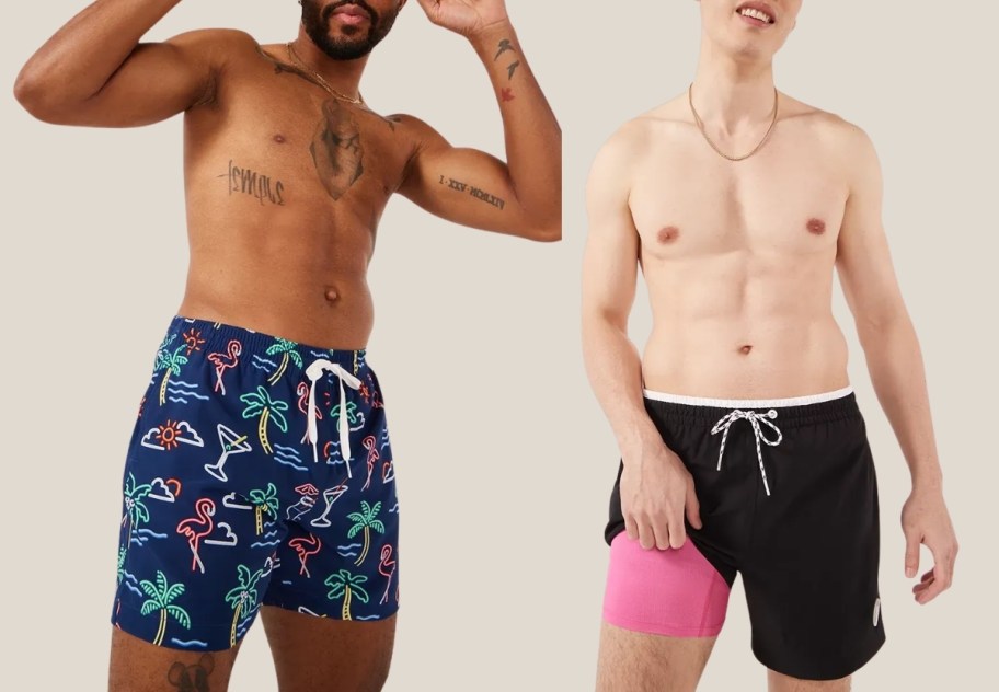 mena wearing brightly colored swim trunks 