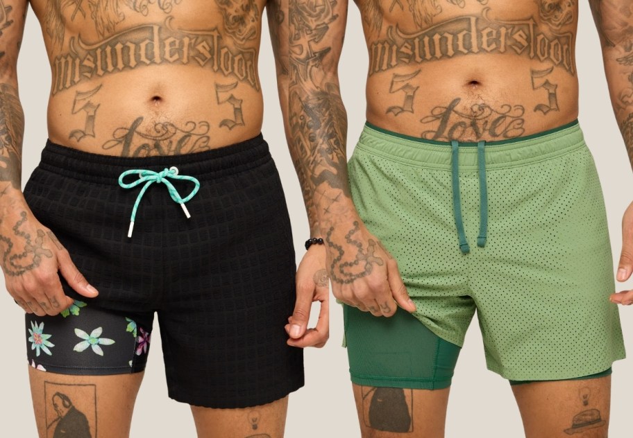men wearing solid colored swim trunks