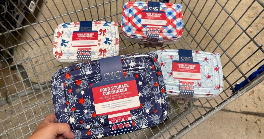 four sets of patriotic design food storage containers in a Walmart cart