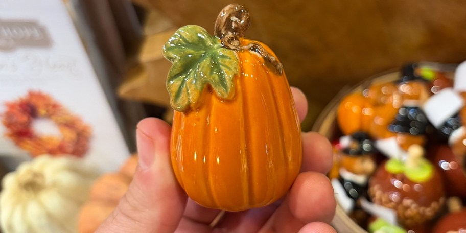 hand holding pumpkin salt shaker