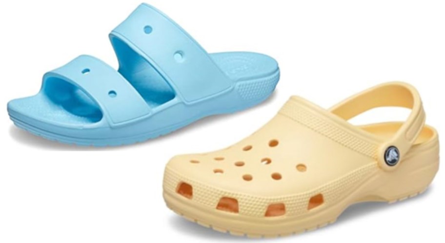blue slides and yellow clog