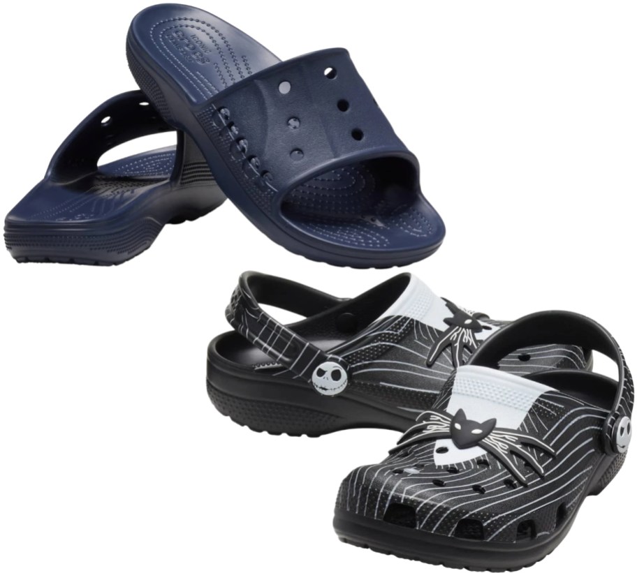 a pair of womens crocs slides and kids nightmare before christmas clogs