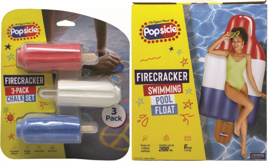Image shows a packaging for Popsicle products, including a 3-pack chalk set in red, white, and blue and a firecracker swimming pool float featuring a person in a green swimsuit.