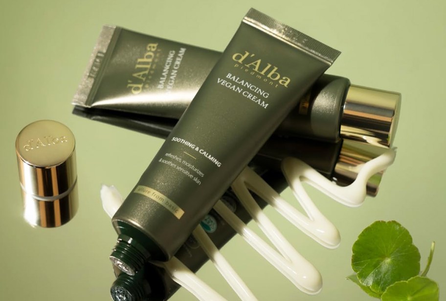 two dark green tubes of d'Alba Balancing Vegan Cream