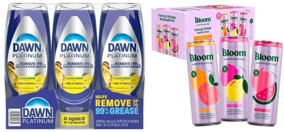 dawn dish soap and bloom energy drink cans 
