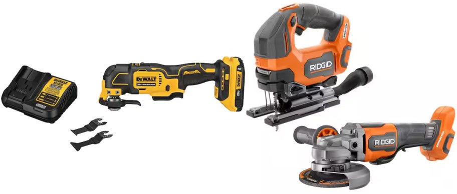 yellow and black oscillating tool and orange and gray saw 