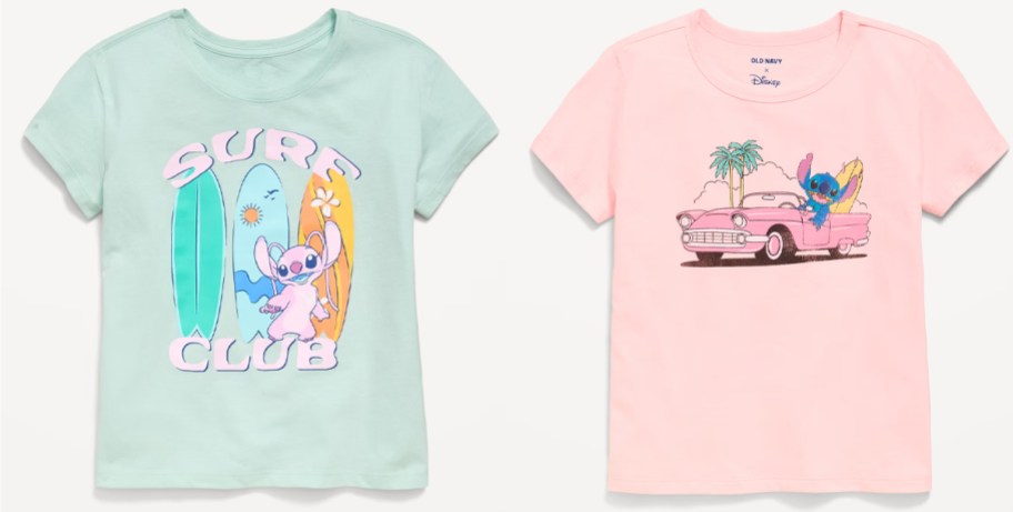 green and pink disney stitch tees