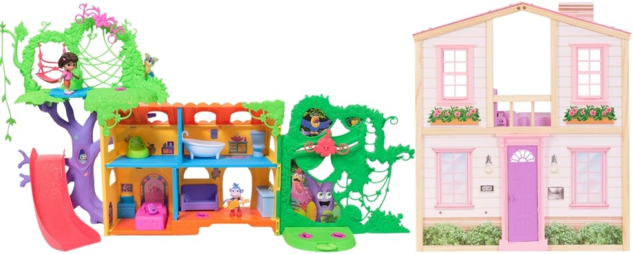 a play set and a wooden dollhouse