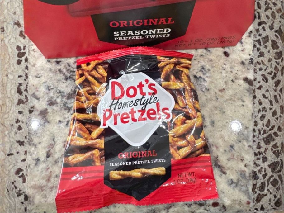 dots pretzels bag on counter