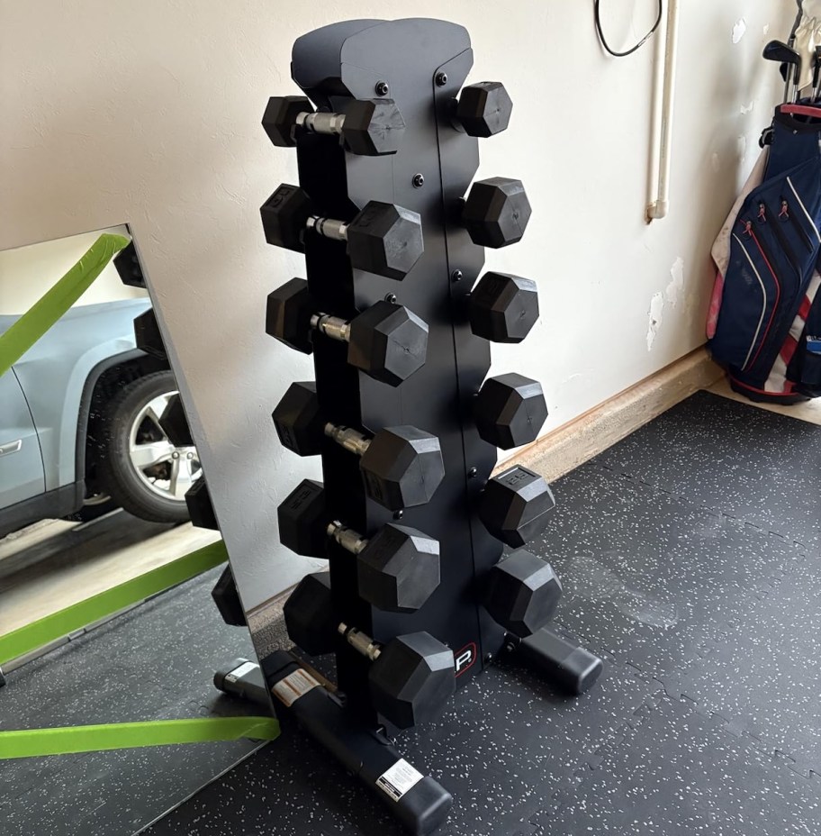 rack of dumbbells on stand in garage
